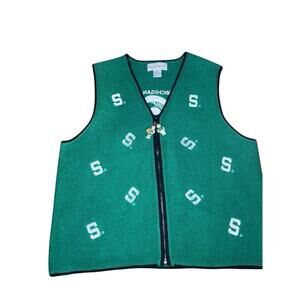 Vintage Michigan State Spartans MSU Wool Zip Up Embroidered Vest Womens XL Green